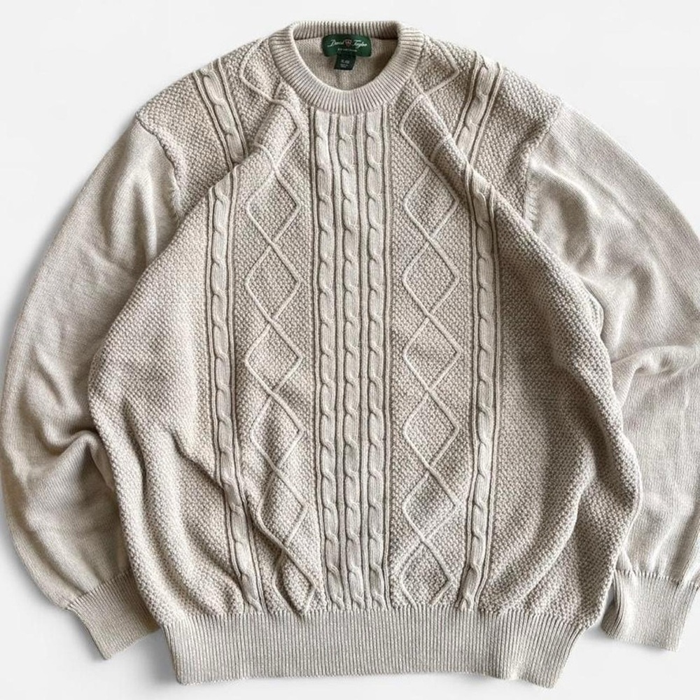 David Taylor Tan Cotton Cable Knit Fisherman Style Pullover Crewneck Sweater XL